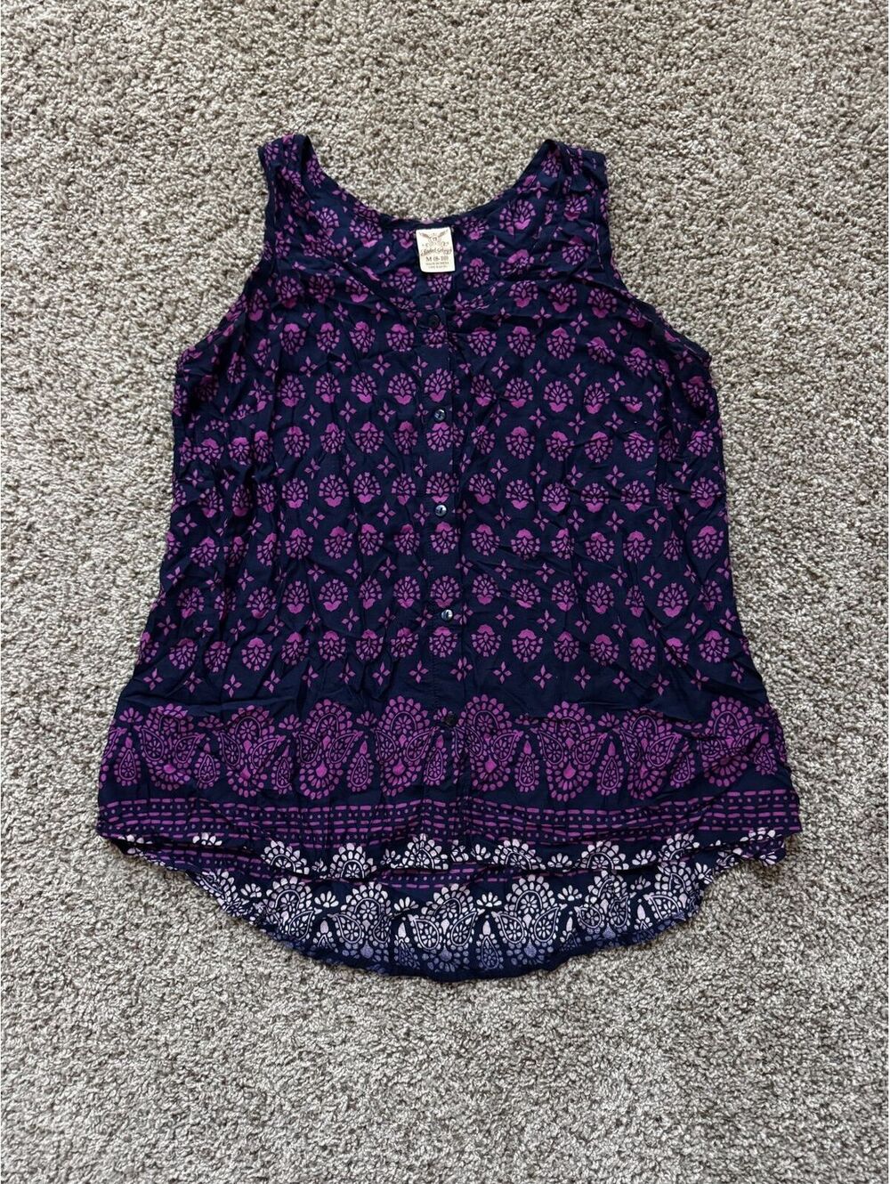 Y2K Women's Sleeveless Navy Blue & Purple Printed Summer Tank Top | Sz M (8-10)